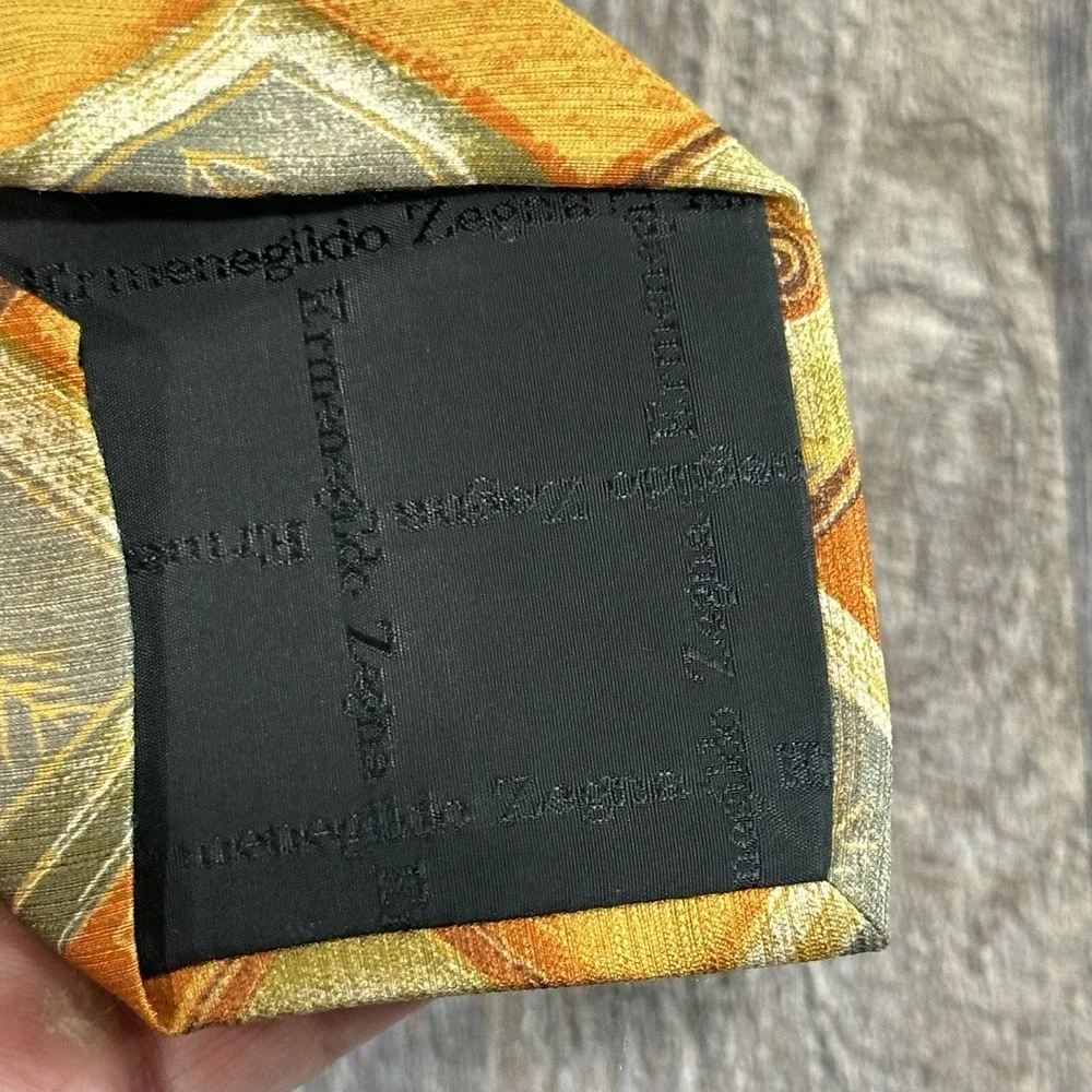 Ermenegildo Zegna 100% Silk‎ Tie Geometric Square Pattern Gold Orange Gray Italy